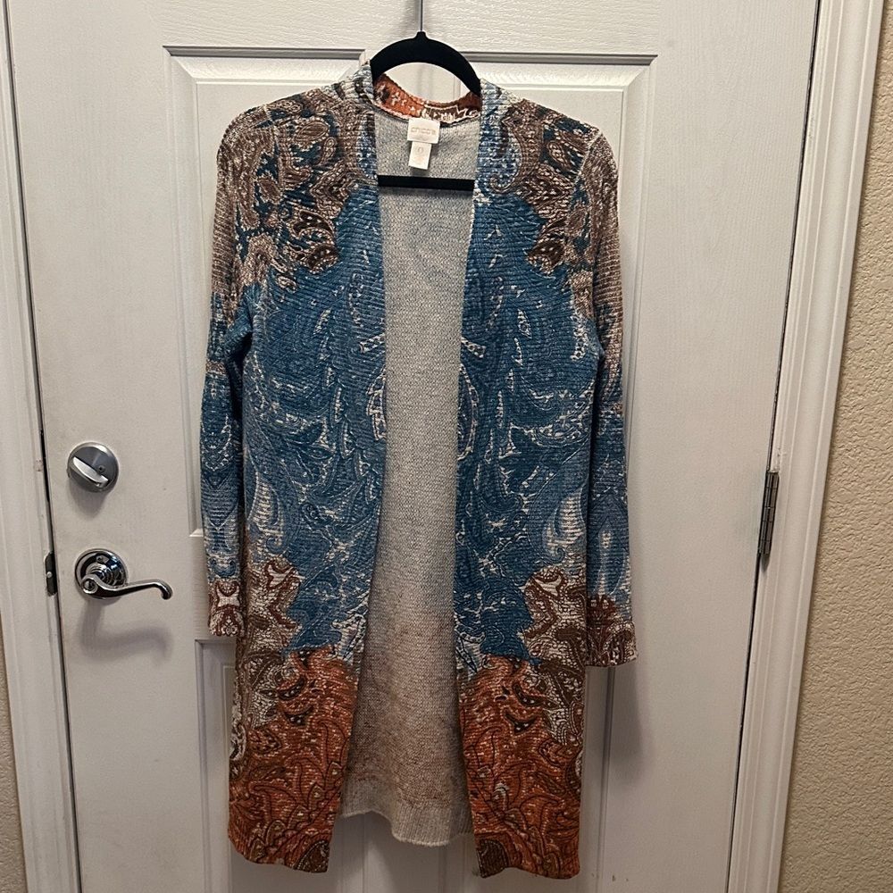 Chico's Blue and Brown Open Front Cardigan
